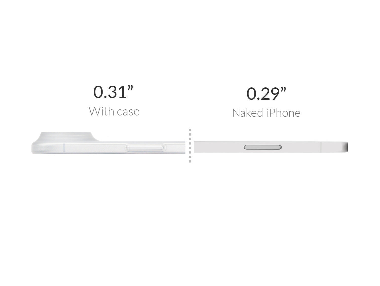 Comparison of phone thickness with and without a case on a white background