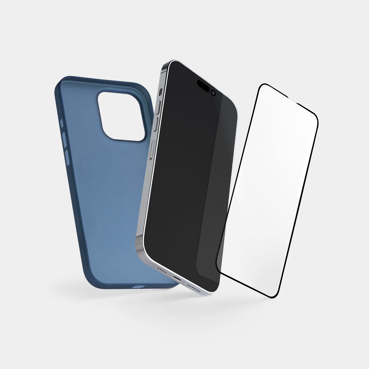 an iPhone between a case and an iPhone 15 Plus screen protector