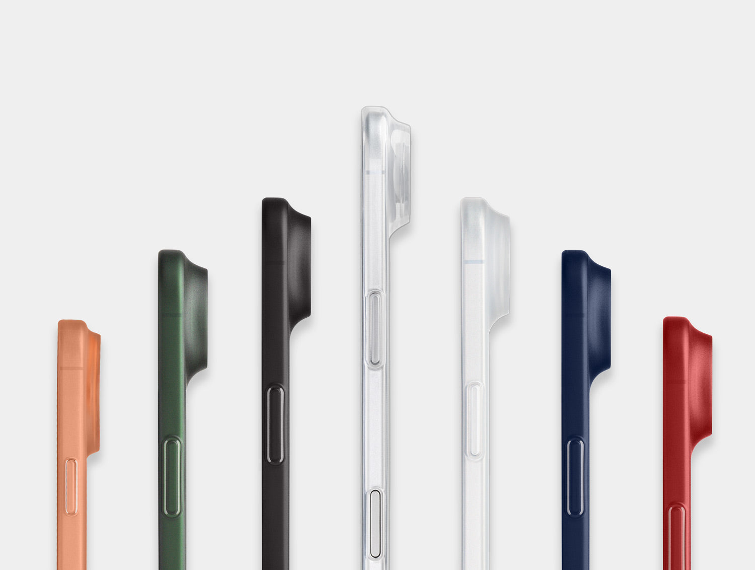 Row of iphone air cases in various colors on a light gray background