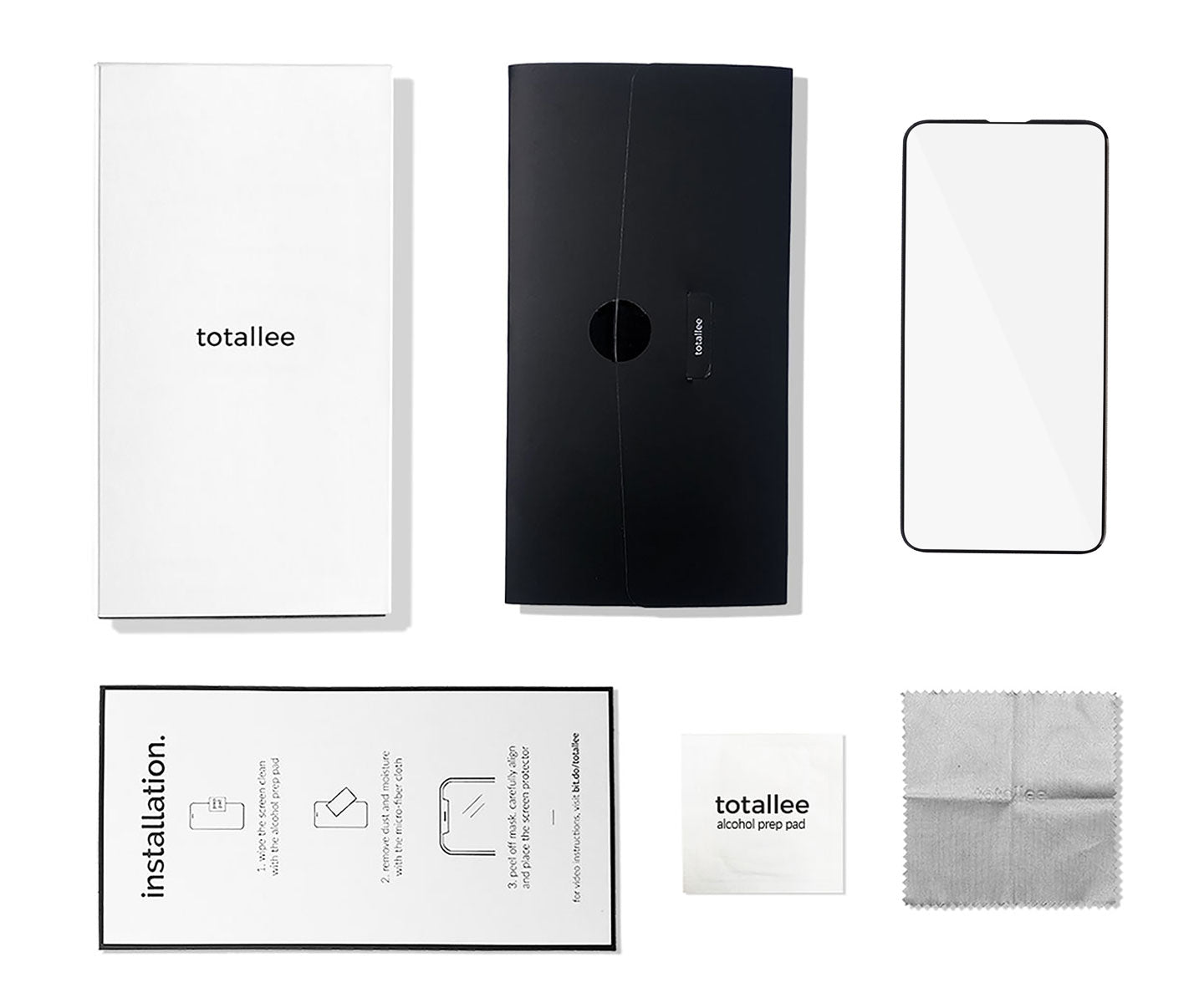 Collection of totallee product packaging including a box, screen protector, installation guide, and cleaning cloth on a white background.