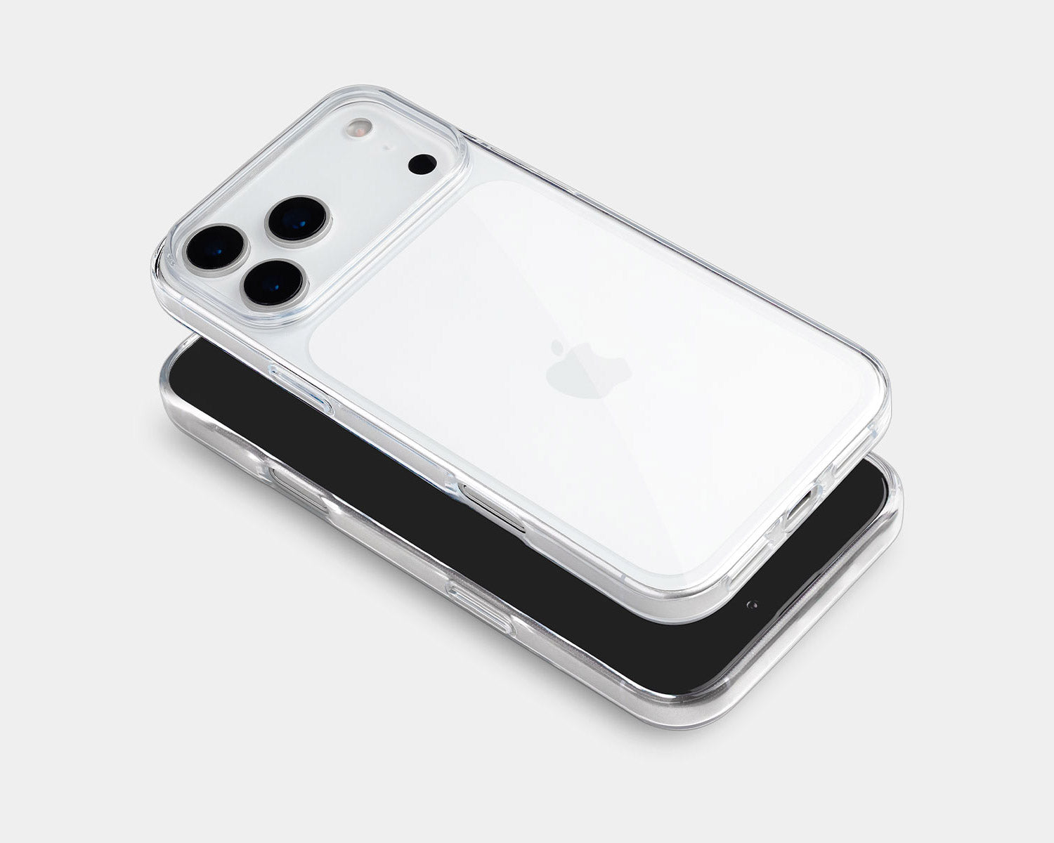A clear protective iphone 18 pro max case shown on two smartphones, one with a white back and one with a black back, photographed on a light gray background.