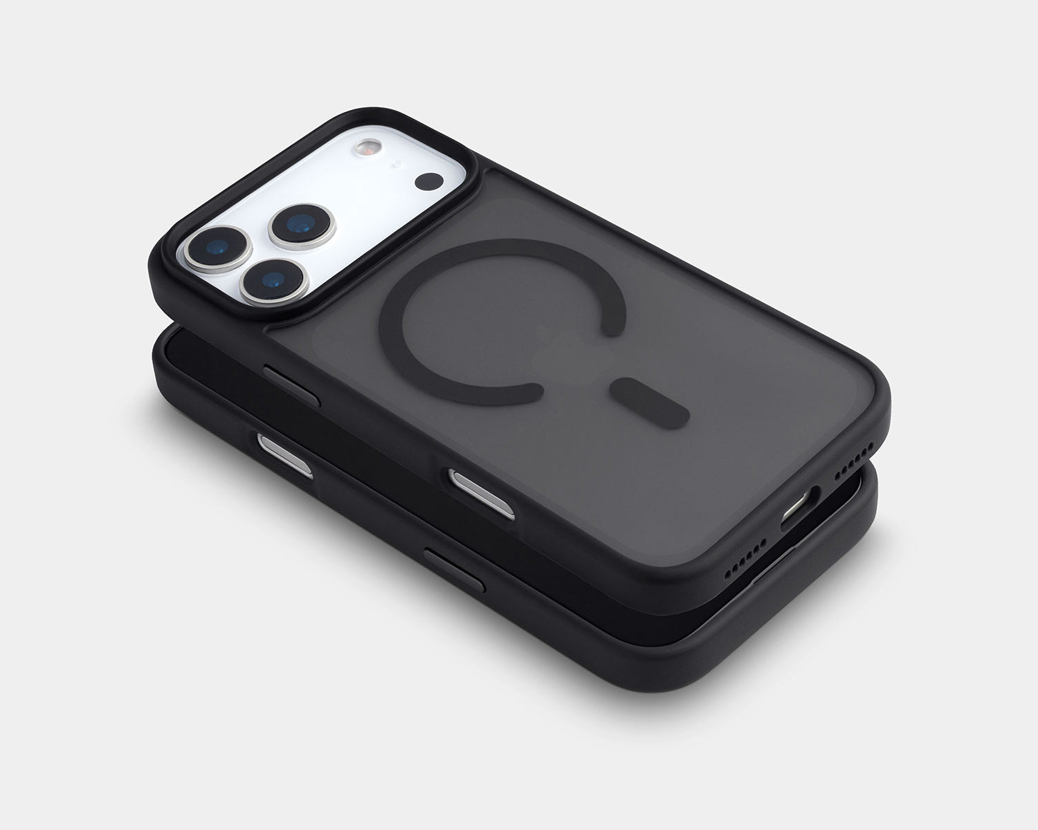 Two black MagSafe-compatible iphone 18 pro max cases stacked on a light gray background, with the top case fitted on a white smartphone.