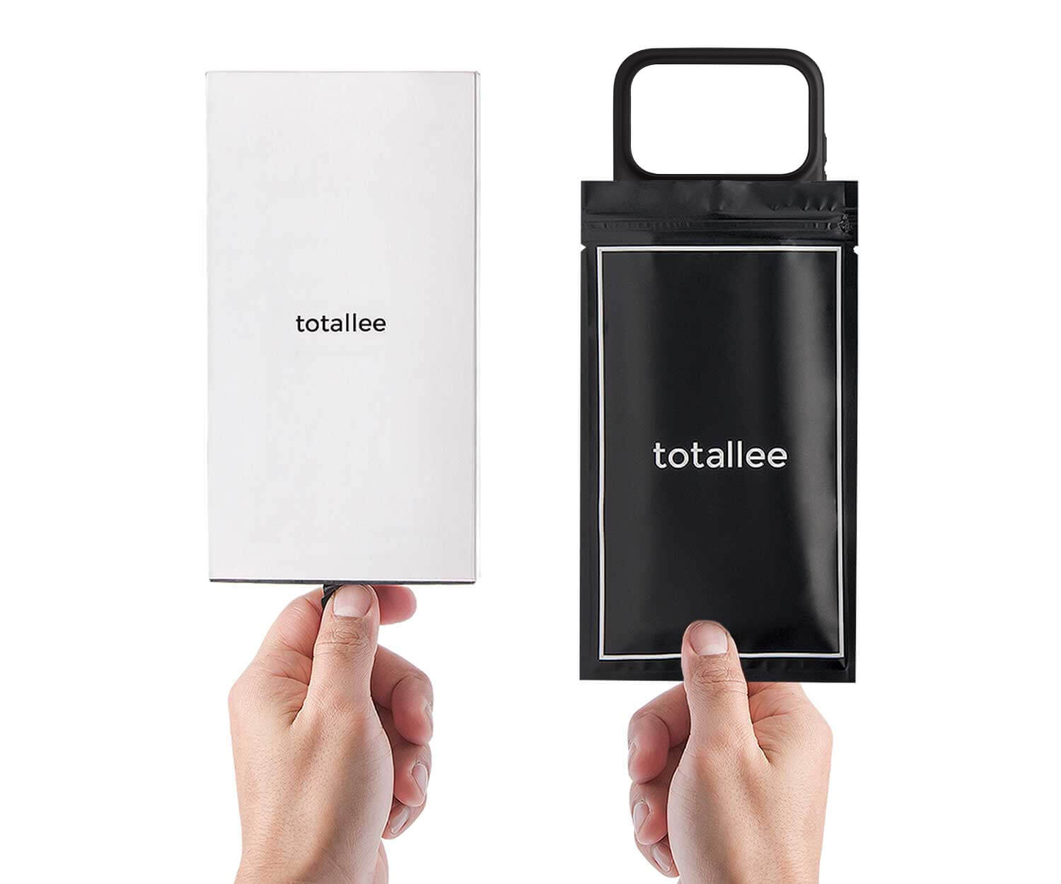 Hands holding a white and black pouch with 'totallee' branding on a white background