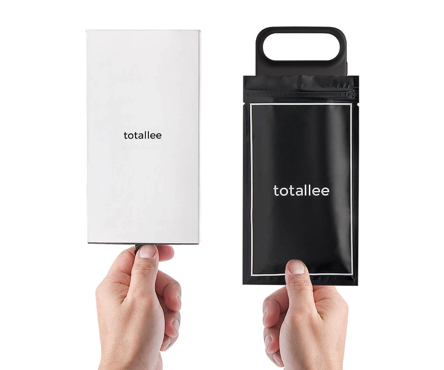 Hands holding a white and black packaging pouch with 'totallee' branding on a white background.