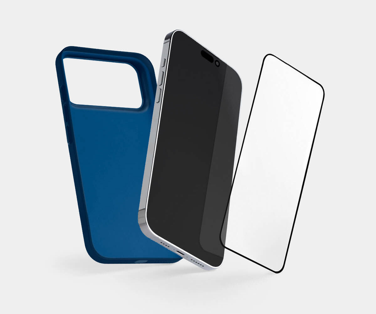 Blue phone case and screen protector on a white background