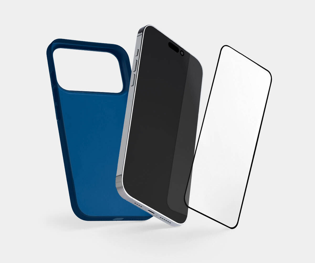 Blue phone case and screen protector on a white background