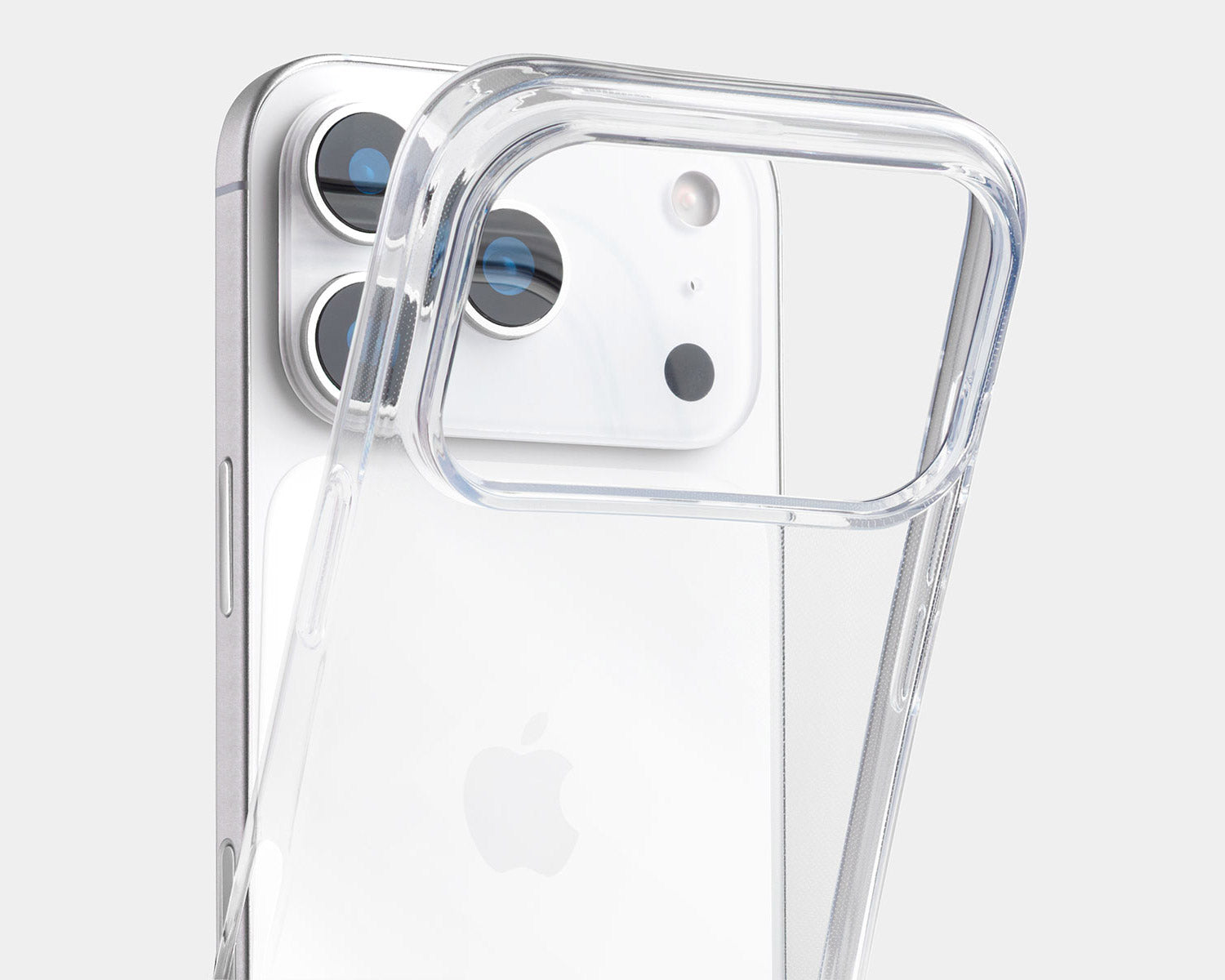 A clear transparent iphone 18 pro case with a raised camera bumper, shown fitted on a white smartphone against a light gray background.
