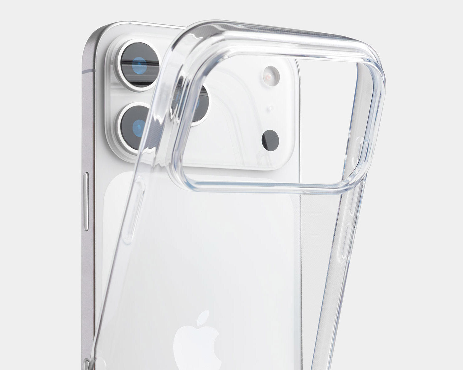 A clear, transparent protective iphone 18 pro max  case shown on a silver smartphone, highlighting the camera cutout and bumper design against a light gray background.