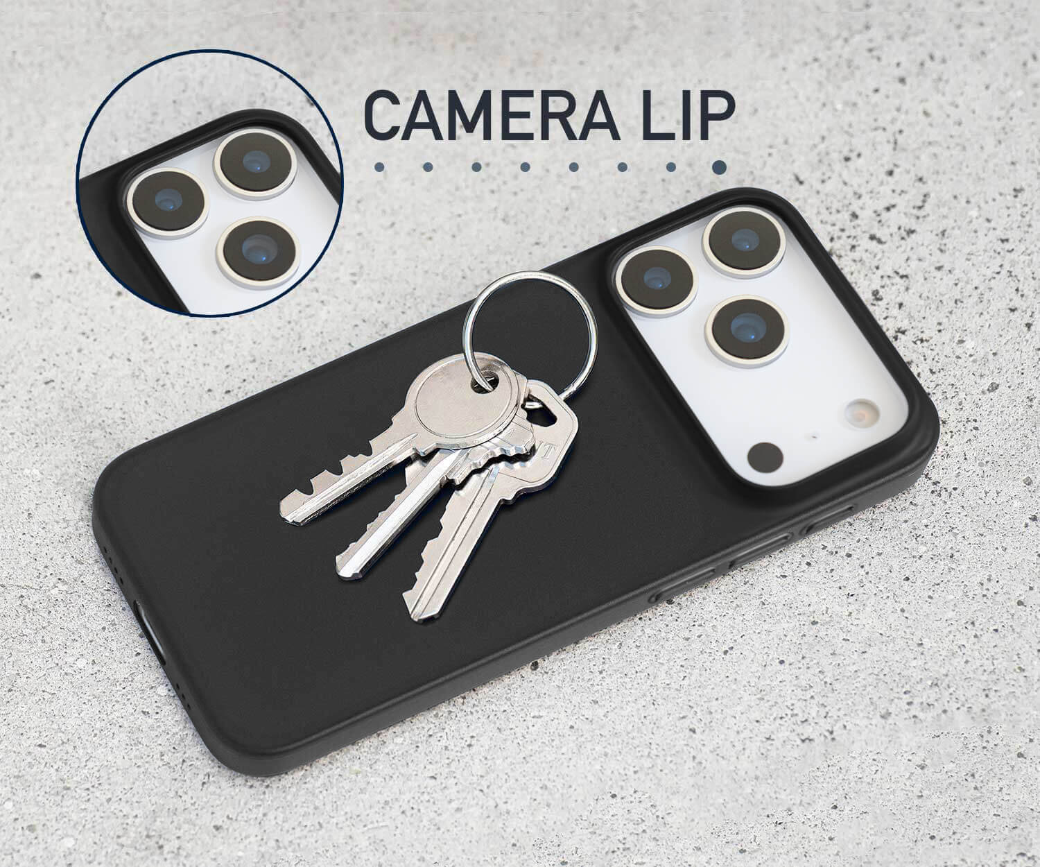 Phone case with keys on a gray surface, highlighting the camera lip feature.