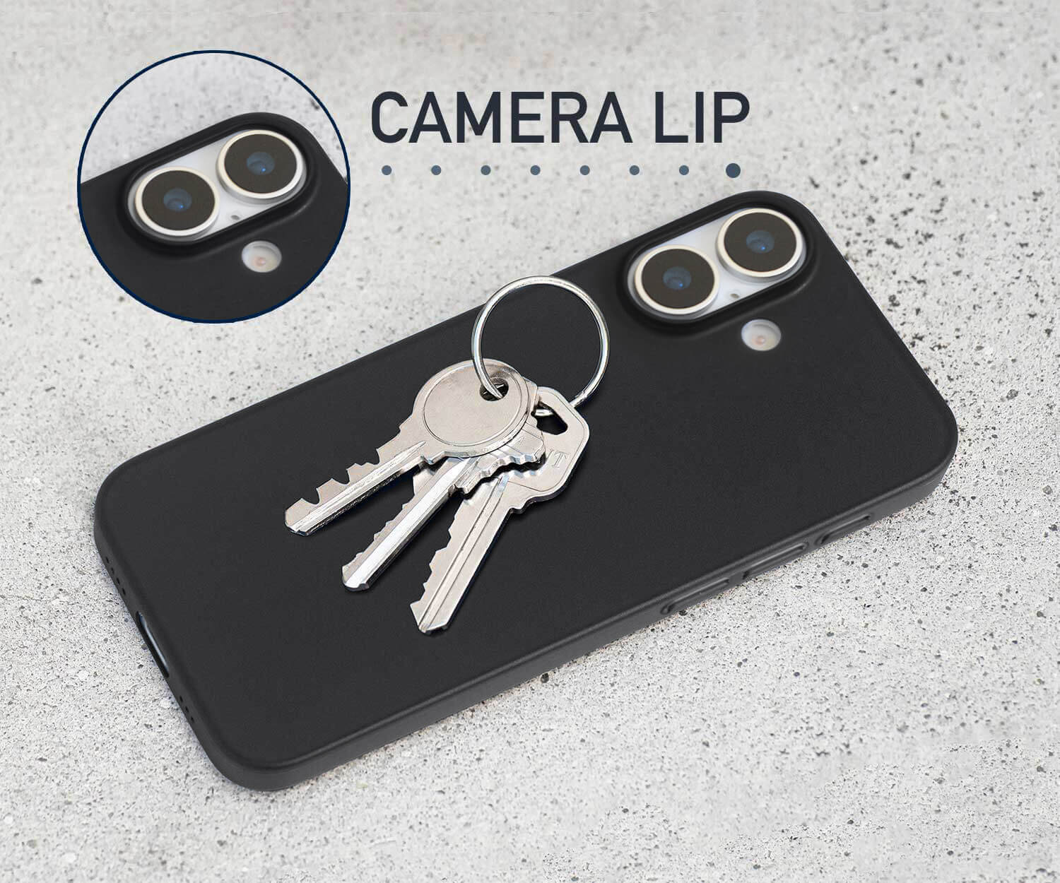 Black phone case with keys on a gray surface, showing close-up of camera lip.