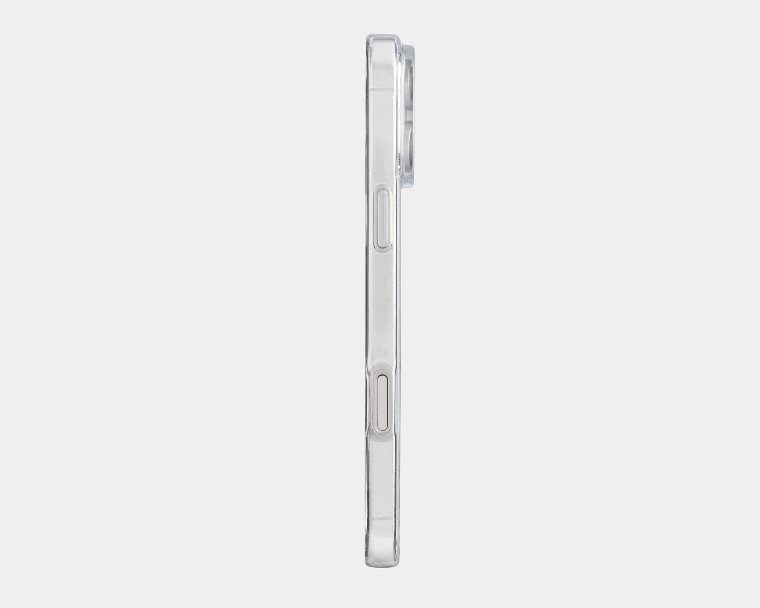 A clear, transparent iphone 18 pro max case shown from the side profile on a light gray background.